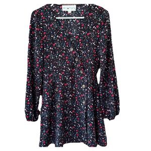 Hiatus Ditsy Black Floral Mini Dress Women's M Button Front‎ Grunge Whimsy Goth